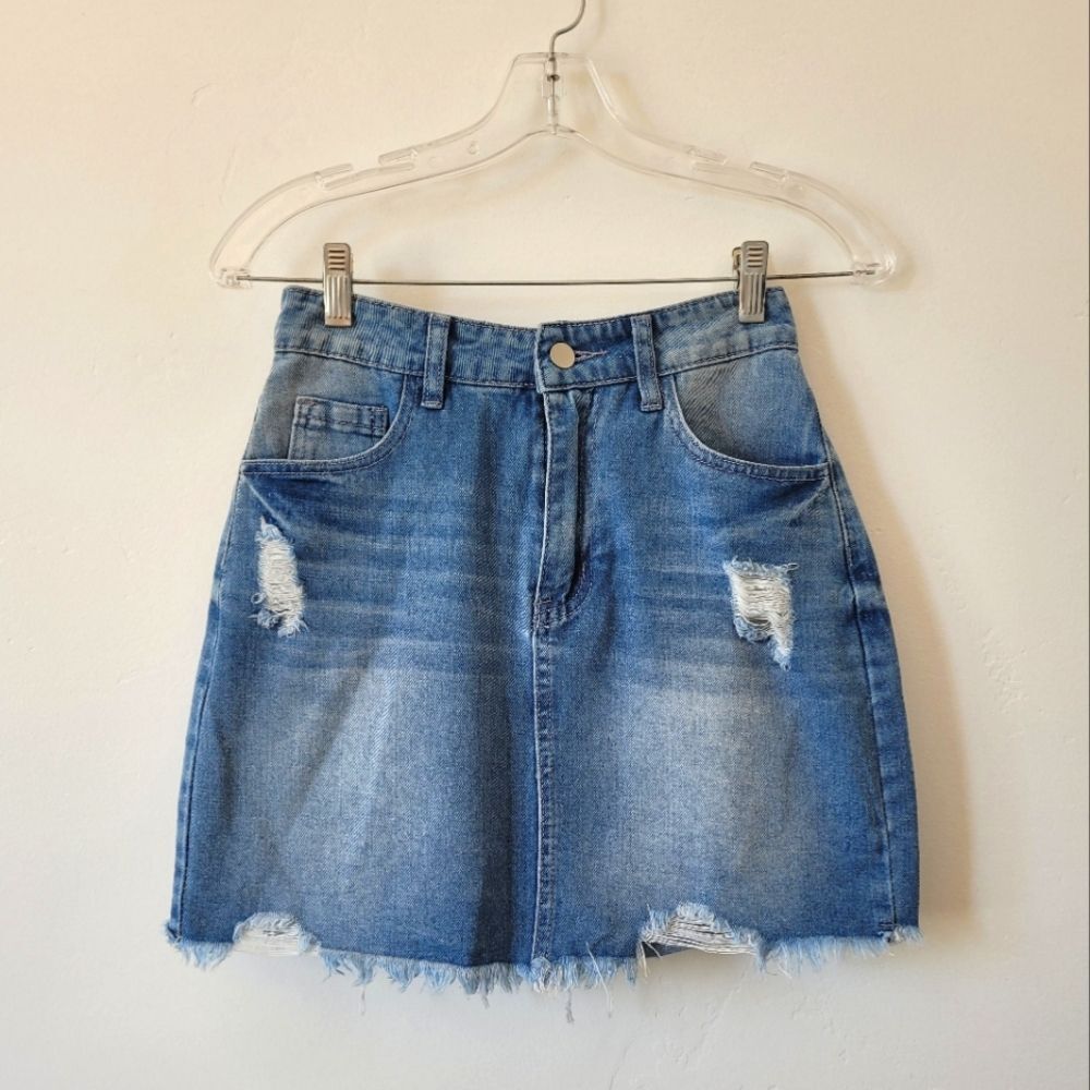 Denim Mini Skirt Jean Blue Distressed Ripped Y2K American Summer Beach Hottie S